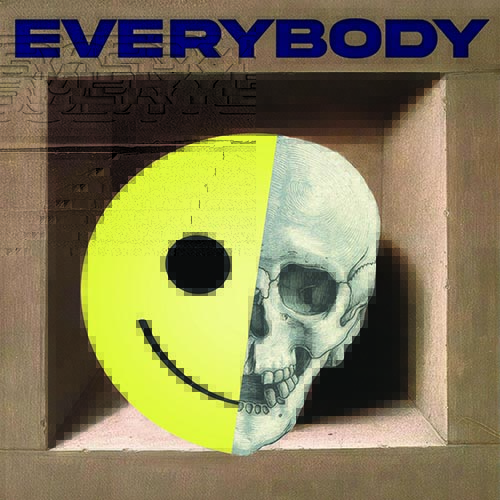 Artwork of a face, which is a yellow “smiley face” on one side and a skull on the other.