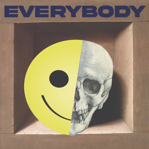 Cover art for University of Washington's School of Drama play called "Everybody"; the visual features half of a yellow smiley face and half of a skull inside a brown box. Text above: EVERYBODY