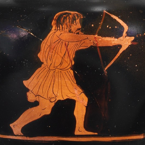 Ancient depiction of Odysseus holding a bow on a piece of black pottery.