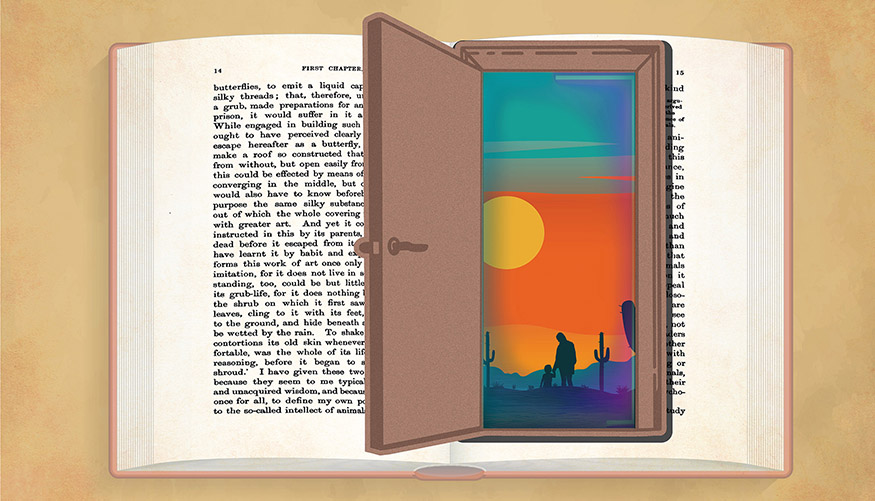 Illustration of an open book with a door embedded in it, with a desert scene through the door. 