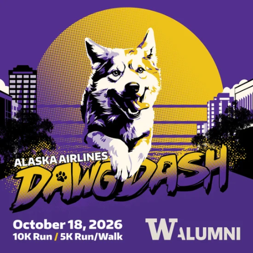 Text: Alaska Airlines Dawg Dash; October 18, 2026; 10K Run/5K Run/Walk; Visual: Husky dog running in front of a yellow sun and purple background; University of Washington Alumni Association logo at bottom right