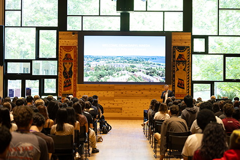 Dean Maeda speaks to students at the  wǝɫǝbʔaltxʷ – Intellectual House