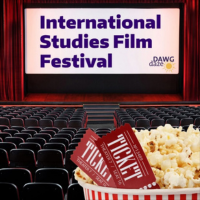 Film festival logo shown on theater screen next to popcorn and movie tickets.