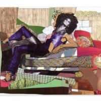 A collage featuring a woman amongst other patterns and pictures.