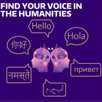 Promotional poster for UW Humanities Dawg Daze titled “Find Your Voice in the Humanities,” and multilingual speech bubbles saying hello in several languages. Event details: 2 October 2026 from 10 a.m. until noon at the Mary Gate Lawn. 