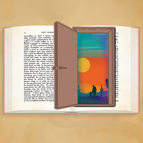 Illustration of open book with an embedded door that is open with a desert scene through the door. 