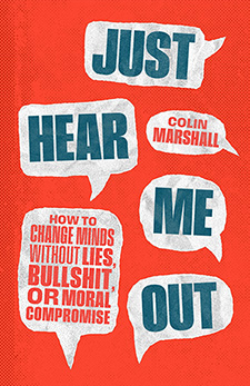 Bright red cover of Colin Marshall's book, "Just Hear Me Out."