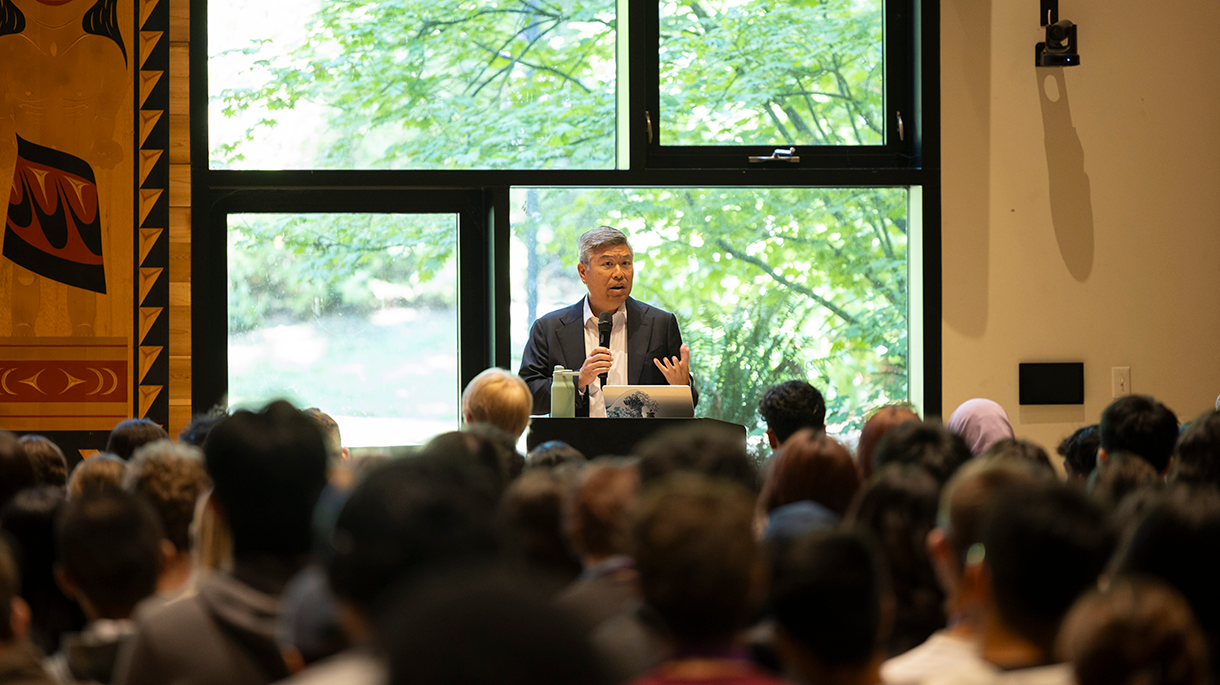 Dean Maeda speaks to students at the  wǝɫǝbʔaltxʷ – Intellectual House