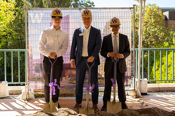 Alan Zhan, Dean Daryl Maeda, and Department Chair Al Nelson pose at the groundbreaking ceremony for the Chemical Sciences Building.
