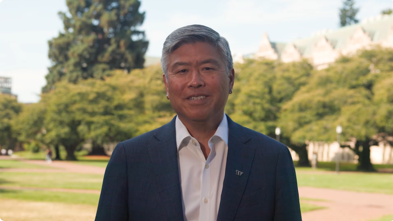 Dean Maeda speaks to incoming students in a convocation video.