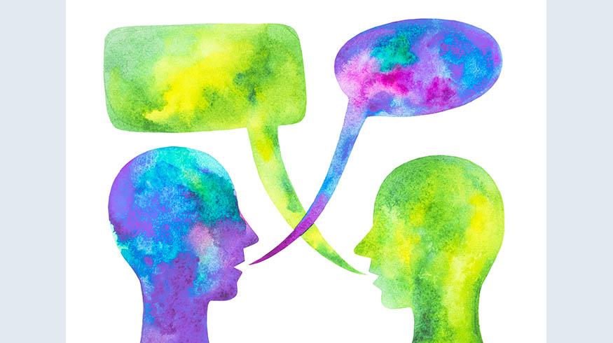 Illustration of two heads facing each other in profile, with text bubbles above their heads.