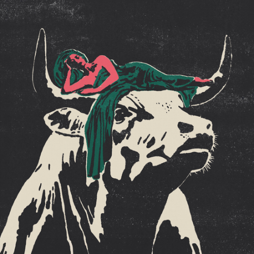 Cover art of a woman with green hair dressed in a green dress on top of a bull's head